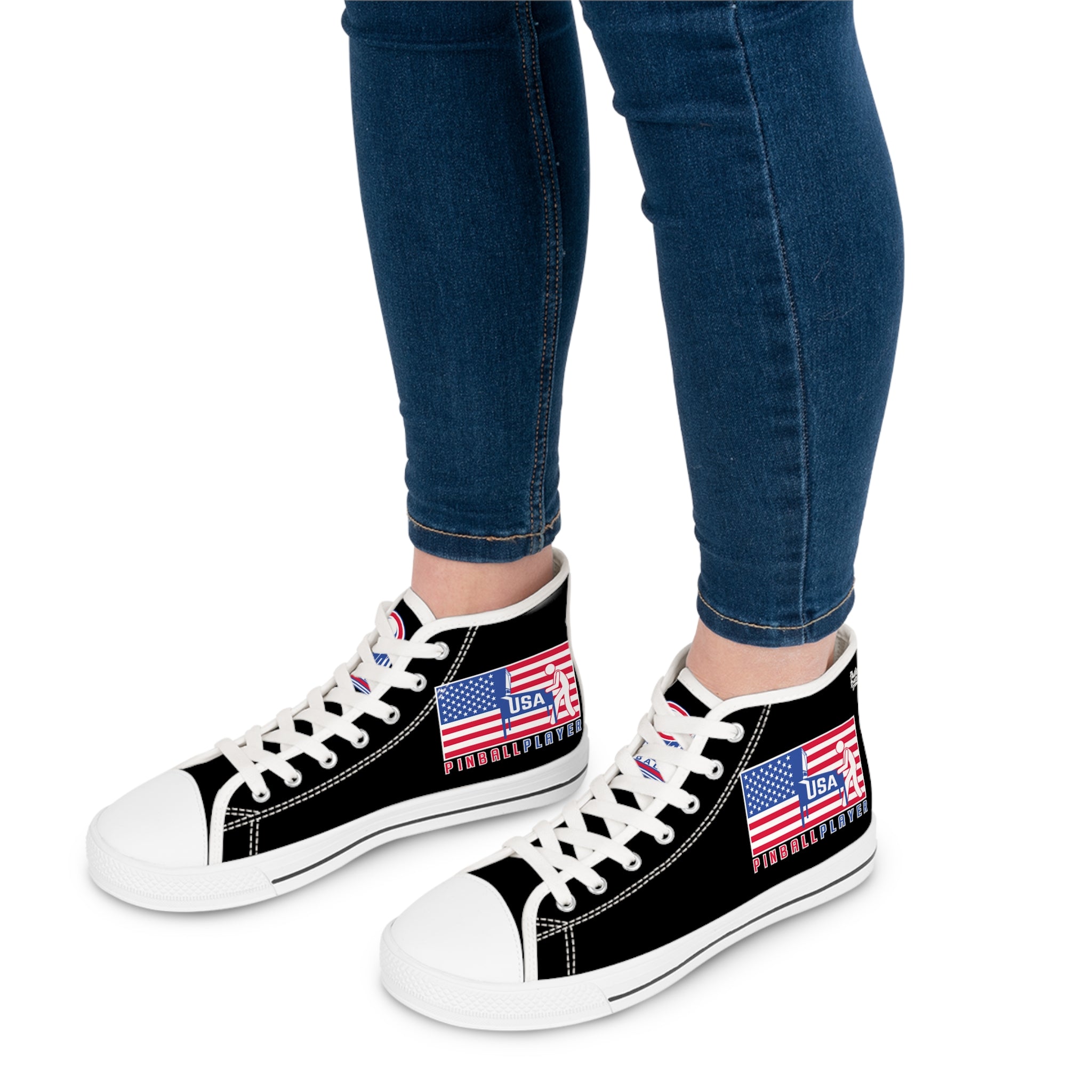 USA PINBALL PLAYER -Women's High Top Sneakers- Black