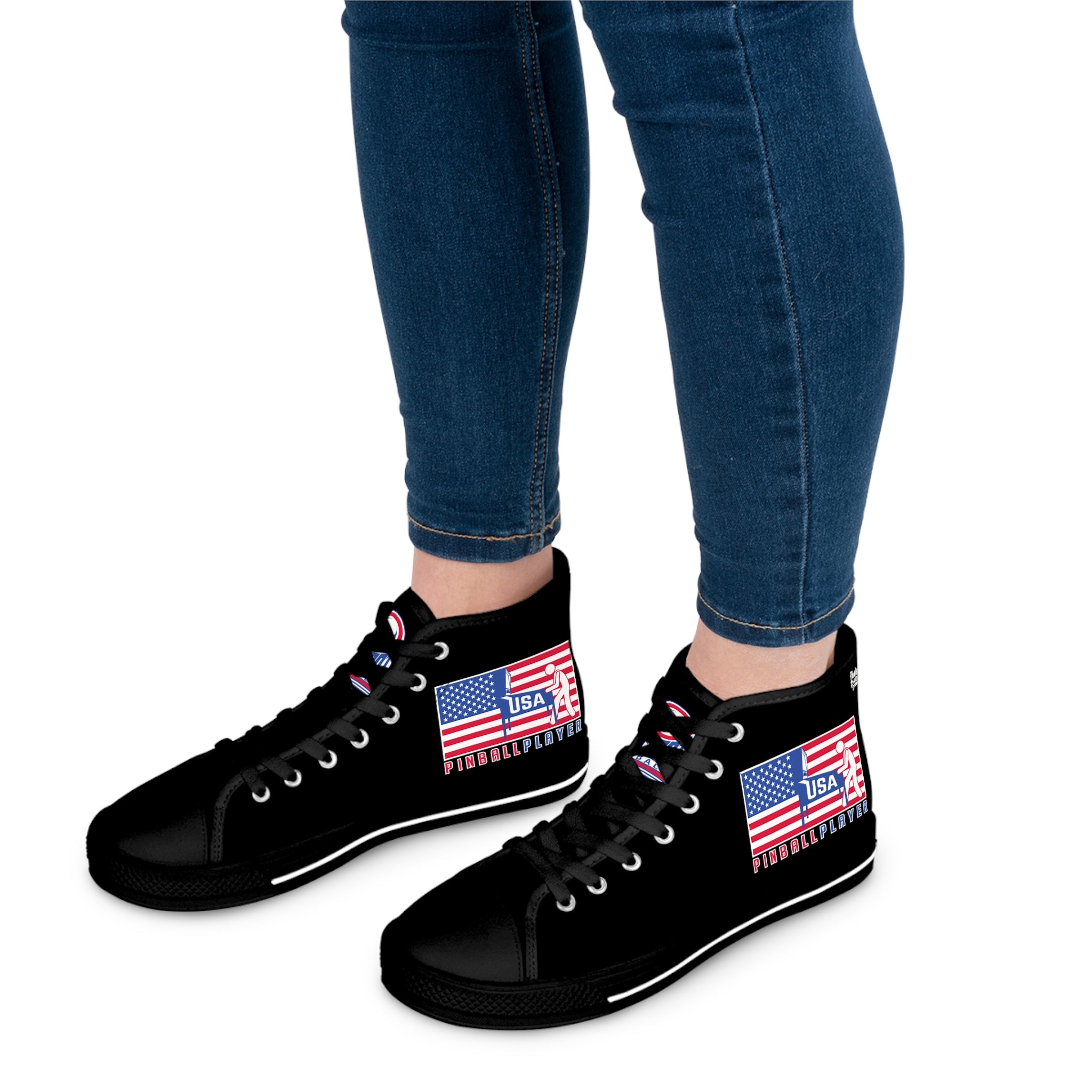 USA PINBALL PLAYER -Women's High Top Sneakers- Black